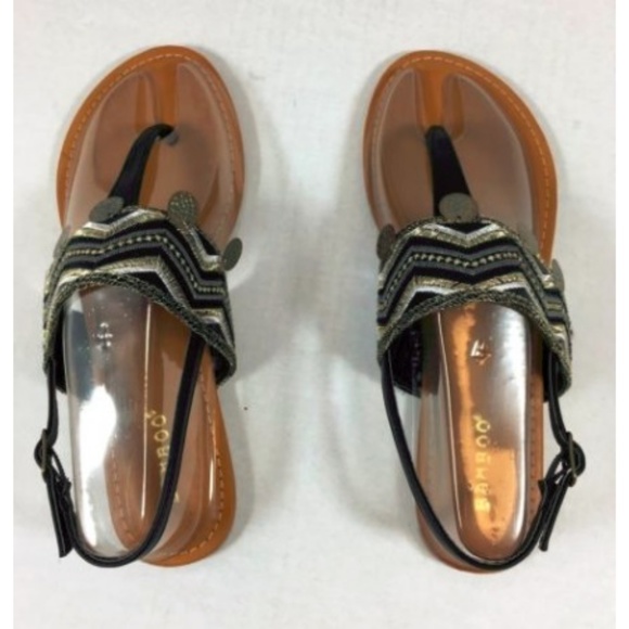 Womens Boho Chevron Embroidered T-Strap Sandal 6.5 Black Gold with Charms - Picture 4 of 8